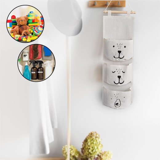 Storagebox-Hängeorganizer bedruckt mit 3 Taschen, faltbar, BOXXN SMILE®, 20x58cmcm, Cotton, Farbe creme/nature-14501