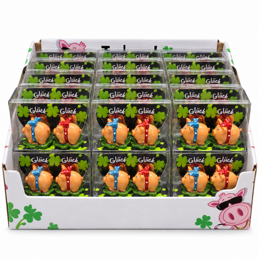 24x 2er Set Glücksschwein 3x4x5cm, Schleife, Kunststoff, PET-Box,24 er Displaybox