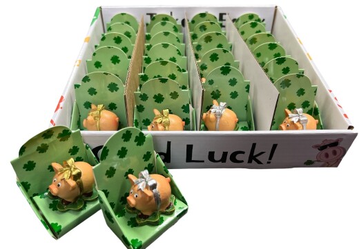 24 Stück Glücksschwein 3x4x5cm, Schleife, Kunststoff, 2 sort., Mini-,  24 er Displaybox