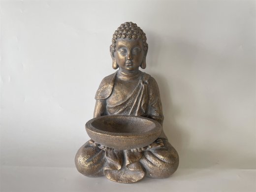 Sitzender Buddha mit Vogelbad, gold - 28,5x19x40 cm