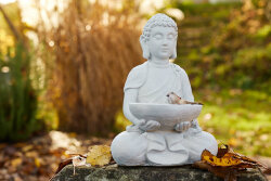 Eleganter Sitzender Buddha mit Vogelbad in Zement - 28,5x19x40 cm aus hochwertigem Magnesia