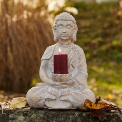 Eleganter Sitzender Buddha mit Kerzenhalter in Creme - 28,5x19x40 cm aus hochwertigem Magnesia
