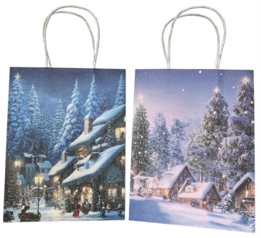 Geschenktüte Kraftpapier, Größe M 18 x 10 x 23 cm, Winterromanze, 2 Designs sortiert