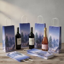 Geschenktüte Kraftpapier, Flaschenüte  12,5x9x35 cm,  Winterromanze, 2 Designs sortiert