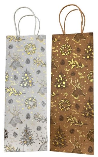 Geschenktüte Kraftpapier, Flaschenüte  12,5x9x35 cm,  elegance by nature, 2 Designs sortiert