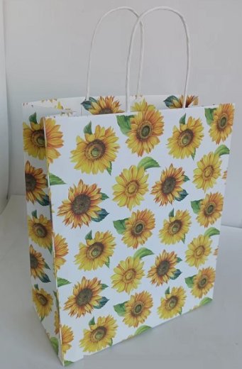 A4 Kraftpapier Geschenktüte, mit Papierkordelgriff             100 % recycelbar Sonnenblumen