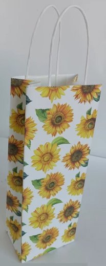 Flaschentüte Kraftpapier Geschenktüte, mit Papierkordelgriff             100 % recycelbar Sonnenblumen