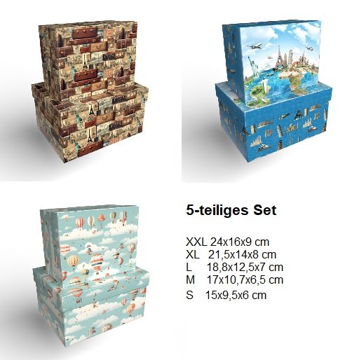 5er Set Geschenkboxen, 24x16x9cm bis 15x9,5x6cm, Around the World, 3 Designs sortiert