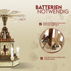 Holzdekoration-Windrad-Pyramide mit LED Licht, 20,5×18×36 cm, Batteriebetrieben, 2AA, 1,5 V