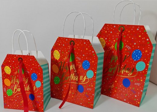 Geschenktüte Premium, Trapezform Größe M, 19x11,5x25 cm, HappyBirthday Ballons