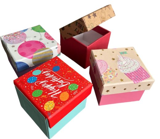 Mini Geschenkkartonage, 6,3x6,3x5 cm, 4 Designs, 48 Stück im Thekendisplay